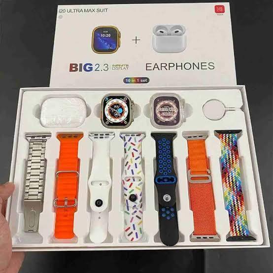 "i20 Ultra Max Suit package – Includes smartwatch, AirPods Pro 2, and seven interchangeable straps for customization.